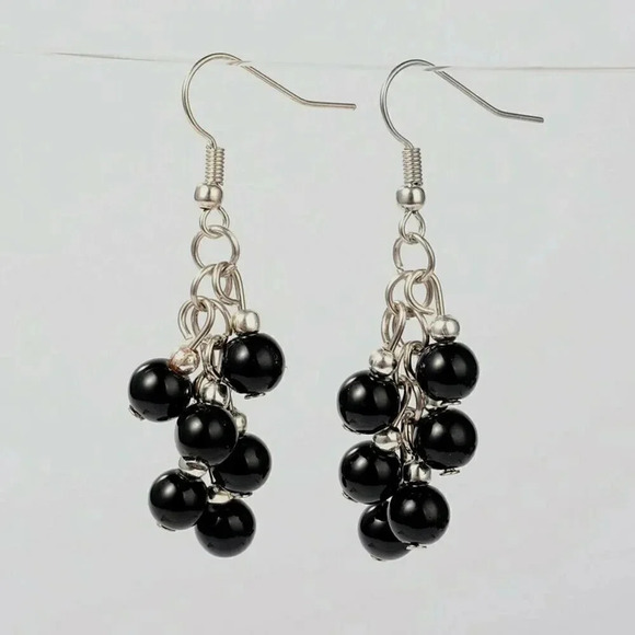 Hand Crafted Natural Black Onyx Gemstone Beads Cluster Dangle Earrings - Picture 1 of 1